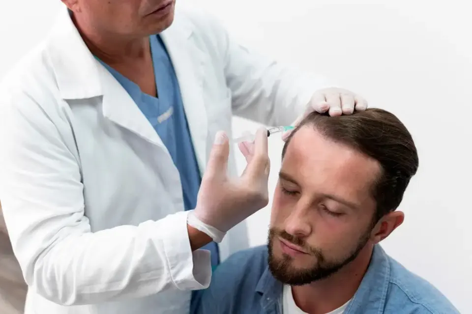 Doctor performing a hair restoration procedure on a patient, associated with BlueMagic Group, specialists in advanced hair transplant solutions.