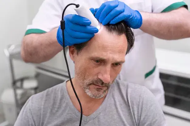 Close-up image of a patient’s restored hairline after undergoing advanced transplantation techniques at BlueMagic Group