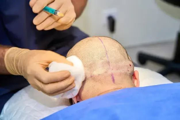 A hair transplant procedure at BlueMagic Group, with a specialist administering an injection to the patient's scalp.